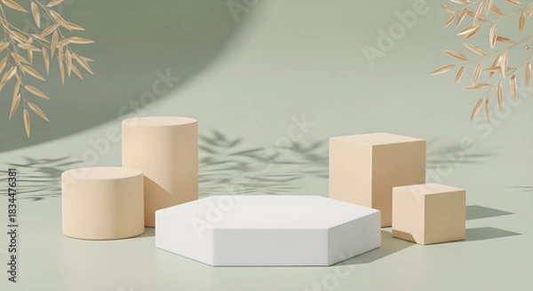 Obraz Product Display Podium Stage Beige White Green Background Copy Space