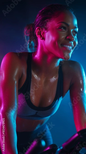 Fototapeta Black woman cycling in a modern spin studio with neon lighting. Intense, sweaty, authentic fitness moment with strong energy, inclusive representation. Modern studio lighting, inclusive body type, fit