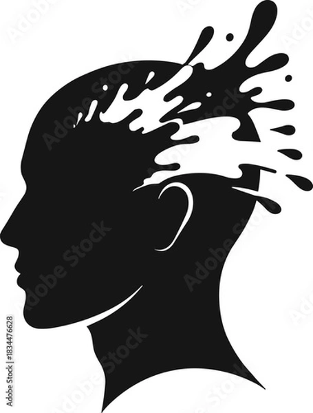 Obraz Creative explosion icon vector—black silhouette of head with abstract splash for imagination, thought, and innovation-themed visuals