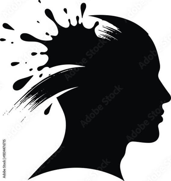 Obraz Creative mind icon vector—black silhouette of head with exploding paint burst for innovation, imagination, and expressive thought visuals