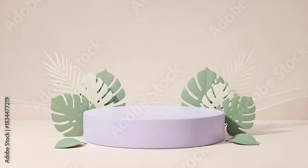 Obraz Podium Product Display Tropical Leaves Purple Green Copy Space