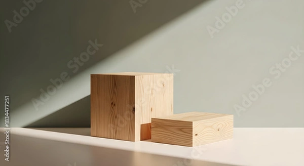 Obraz Wood Blocks Product Display Pedestal Beige Green Copy Space