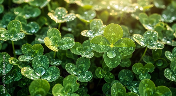 Obraz Clover Leaves Water Drops Green Field Sunlight