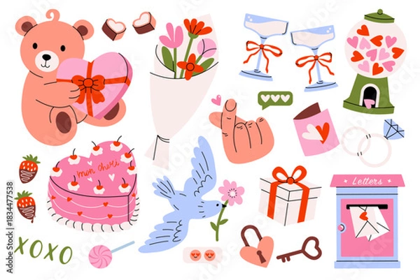 Fototapeta Valentines day stickers. Cute love romantic elements, retro cartoon badge collection with hearts love key lock gifts for February 14 celebration greeting cards. Vector flat set