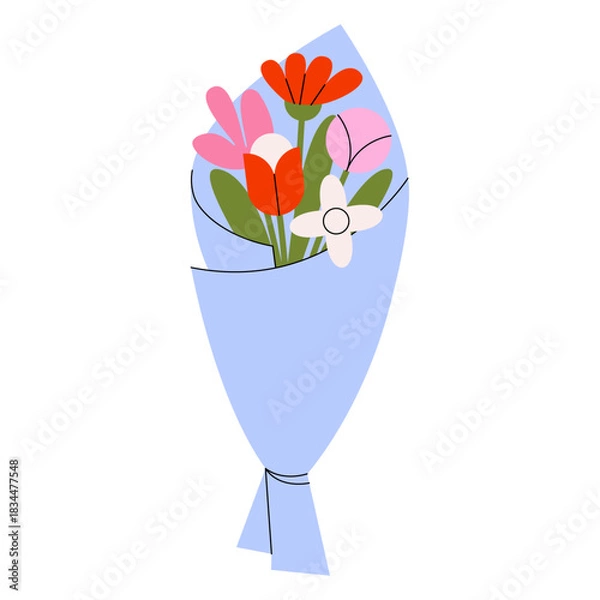 Fototapeta Flowers bouquet. Floral arrangement with blooming garden plants, flower bunch for holiday greeting card, spring blossom for decoration, wedding invitation, poster. Vector illustration