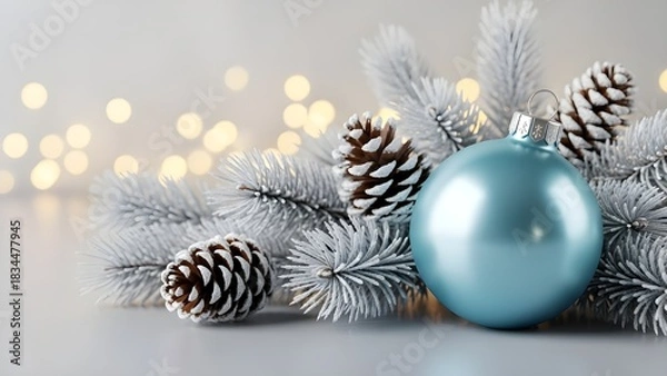 Fototapeta Elegant blue Christmas bauble and frosted white pine branches with golden bokeh lights