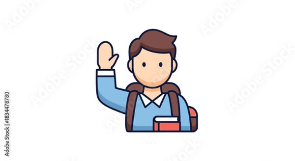 Obraz Cartoon illustration of a student raising hand with backpack.