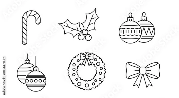 Obraz Christmas Holiday Decorations Line Art Collection.