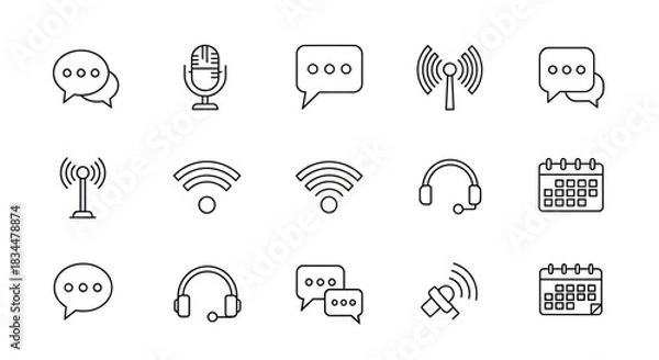 Obraz Collection of communication and technology line icons on a white background.