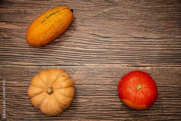 Fototapeta Top view of hokkaido, butternut and nutmeg pumpkins arranged on a dark wooden background. Harvest season