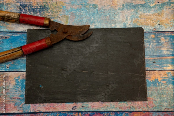 Fototapeta Flat lay of old rusty garden shears and a black slate board on a rustic blue peeling wood background