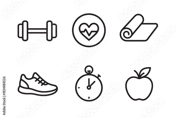 Fototapeta Set of black line icons representing fitness and a healthy lifestyle including a dumbbell, heart, yoga mat, sneaker, stopwatch, and apple in a minimalist graphic style