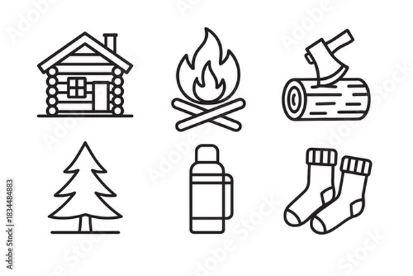 Fototapeta Line icon set for camping and hiking featuring a log cabin, campfire, axe in a log, pine tree, thermos, and warm socks in a simple outline illustration style