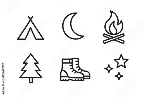 Obraz Set of six black line art icons for camping and hiking themes, featuring a tent, moon, campfire, tree, boots, and stars in a minimalist graphic style for outdoor adventure concepts