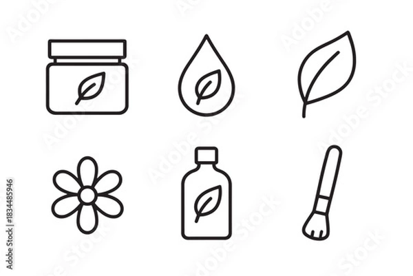 Fototapeta Set of six black line icons representing natural cosmetics and skincare, featuring a cream jar, oil drop, leaf, flower, lotion bottle, and an application brush in a simple outline style