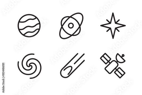 Fototapeta Set of six black line icons representing space and astronomy themes, including a planet, galaxy, star, satellite, atom, and meteor, in a clean minimalist vector style