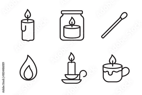 Fototapeta Set of six black line icons depicting candles, a match, and a flame in a minimalist vector style, including a pillar candle, a jar, a candlestick, and a cup