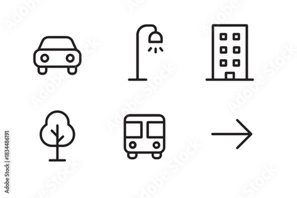 Fototapeta Set of six black line icons representing city life with a car, bus, building, tree, street lamp, and arrow for urban, transportation, and navigation concepts