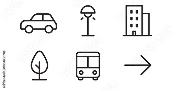 Fototapeta Set of black line art icons representing urban life and transportation, including a car, bus, building, tree, street lamp, and a directional arrow in a minimalist, modern style