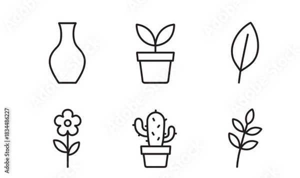 Fototapeta Set of six minimalist plant and nature icons including a vase, sprout, leaf, flower, cactus, and branch, rendered in a simple black line art style for graphic design