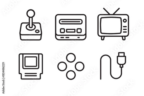 Fototapeta Retro video game icon set featuring a classic console, joystick, cartridge, television, buttons, and cable, illustrated with simple black outlines for a vintage aesthetic