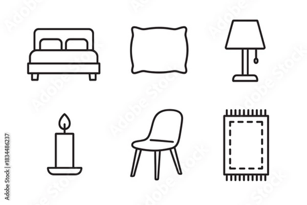 Fototapeta Set of six minimalist line icons for bedroom furniture and home decor, including a bed, pillow, lamp, candle, chair, and rug, presented as a simple graphic collection
