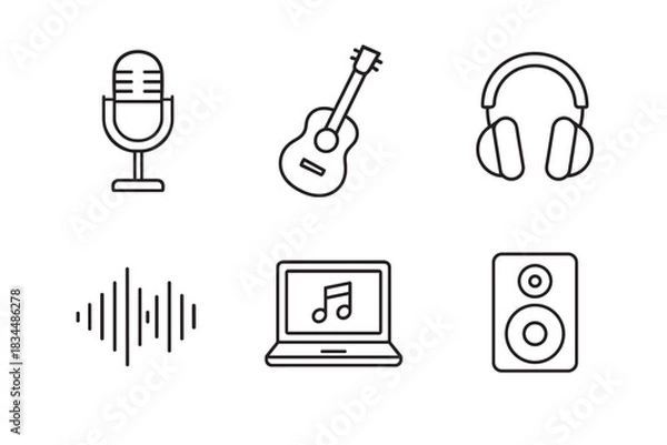 Fototapeta Collection of music and sound icons featuring a microphone, acoustic guitar, headphones, equalizer, laptop, and speaker, presented in a clean, modern line art design