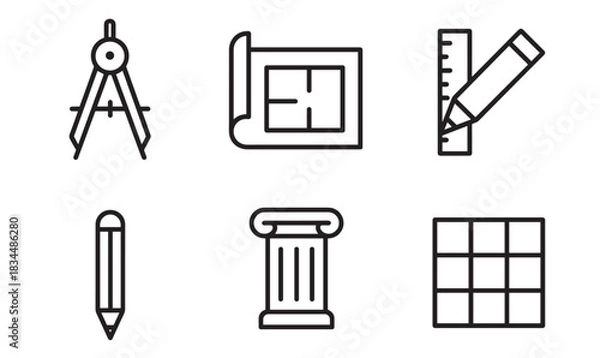 Fototapeta Set of six black architecture icons including a compass, blueprint, pencil, ruler, column, and grid, representing design and engineering concepts in a minimalist line art style