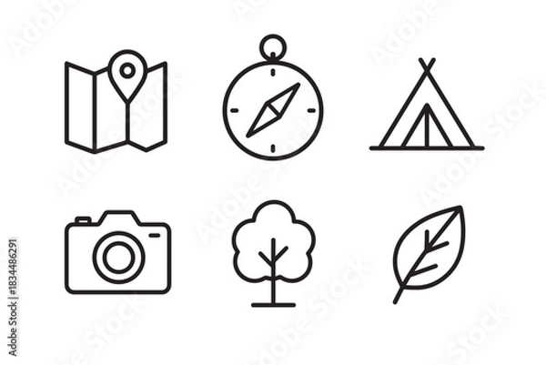 Fototapeta Set of six travel and camping icons including a map, compass, tent, camera, tree, and leaf in a minimalist black line art style for outdoor adventure concepts