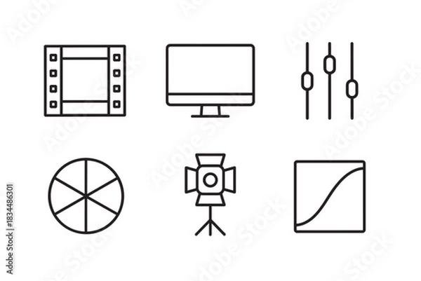 Fototapeta Set of six video editing icons in a minimalist line art style includes a film strip, monitor, audio sliders, color wheel, studio light, and curves graph for post-production