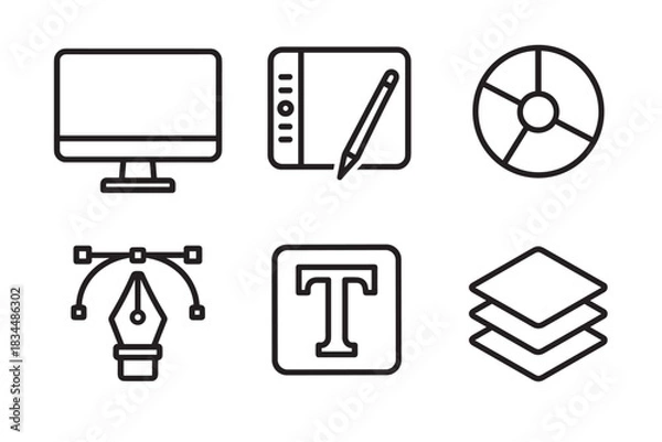 Fototapeta Set of six black line icons for graphic design and digital art, featuring a monitor, tablet, pen tool with anchor points, layers, text tool, and color wheel symbols