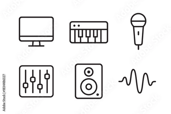 Fototapeta Music production and audio recording icon set featuring a monitor, keyboard, microphone, mixer, speaker, and sound wave in a simple black outline vector illustration style