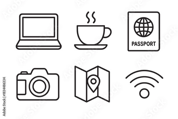 Fototapeta Set of six black line icons for travel and digital nomad lifestyle concepts including a laptop, coffee, passport, camera, map, and wifi symbol in a clean minimalist style