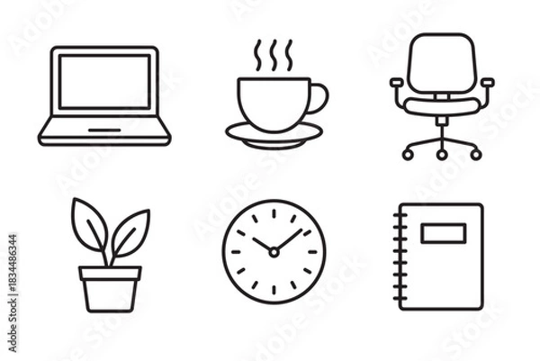 Fototapeta Set of black line office icons including a laptop, coffee cup, chair, plant, clock, and notebook for business and work concepts in a minimalist outline vector style