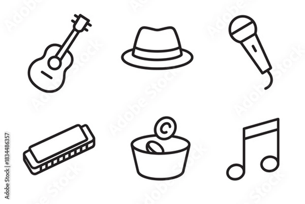 Fototapeta Set of six black outline icons representing busking and street music, featuring a guitar, microphone, harmonica, fedora hat, donation tin, and musical notes in a clean minimalist style