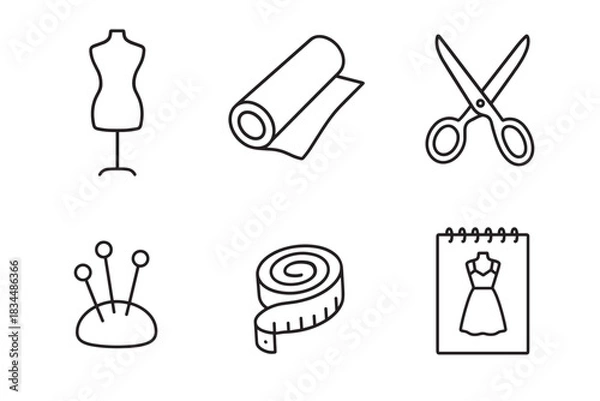 Fototapeta Set of six black line icons for sewing and fashion design including a mannequin, fabric, scissors, pincushion, measuring tape, and a sketchbook with a dress drawing