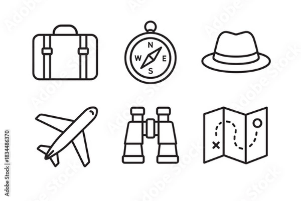 Fototapeta Minimalist travel and adventure icon set with a suitcase, compass, fedora hat, airplane, binoculars, and a folded map, drawn in a clean black and white outline vector style