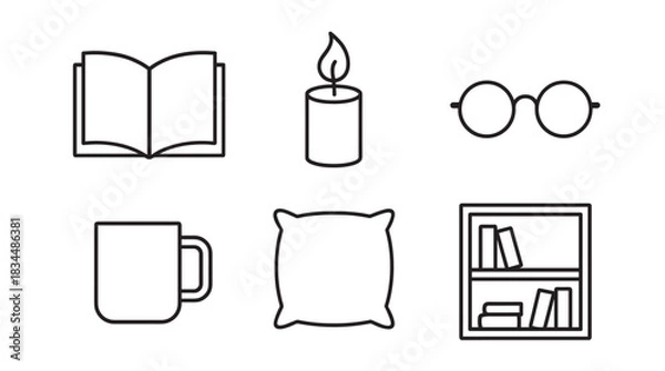 Fototapeta Set of black line icons for cozy home relaxation including a book, candle, glasses, mug, pillow, and bookshelf in a minimalist graphic illustration style