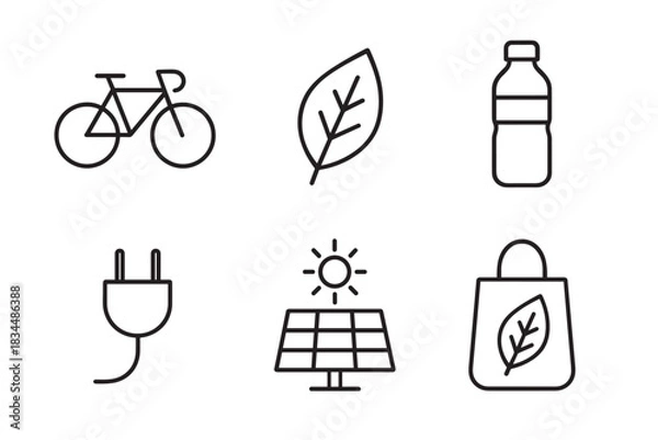 Fototapeta Set of six black line icons representing ecology and sustainability concepts like cycling, nature, recycling, electricity, solar power, and eco-friendly shopping in a minimalist style