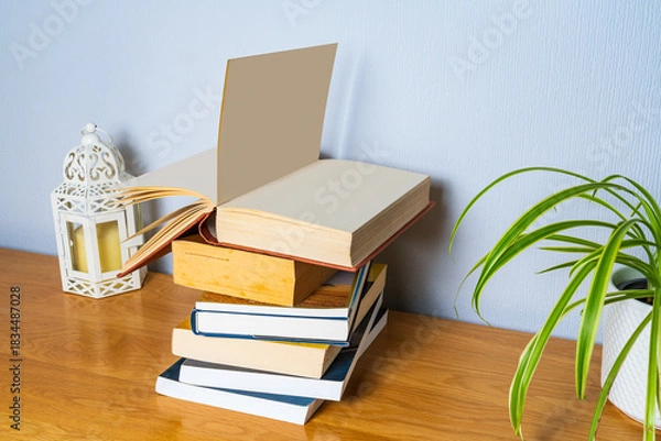 Fototapeta Pile of books on a cabinet from a 3/4 above view with a spider plant and a lantern candle holder, idea of book reading library activity 