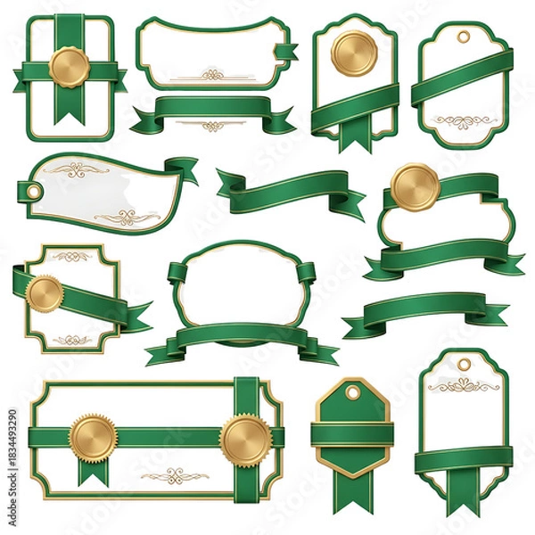 Fototapeta Elegant green and gold decorative frames and ribbons vector design collection