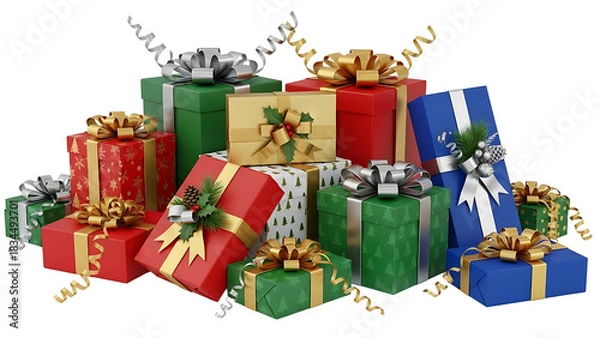 Fototapeta Festive assortment of colorful Christmas gifts wrapped with ribbons and bows