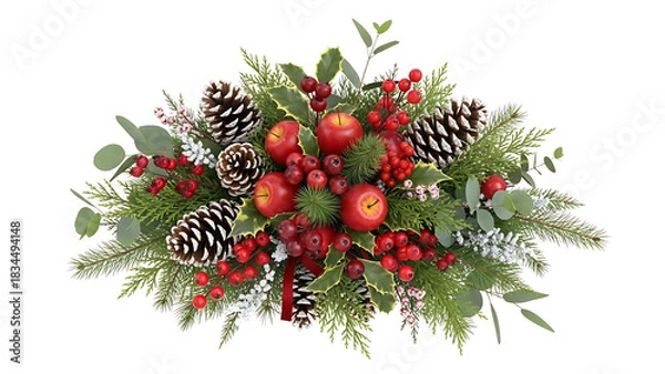 Fototapeta Festive Christmas arrangement with red apples berries pine cones and greenery