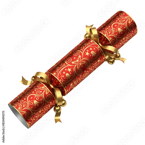 Fototapeta Festive Christmas Cracker with Gold Ribbon and Ornamental Design Isolated