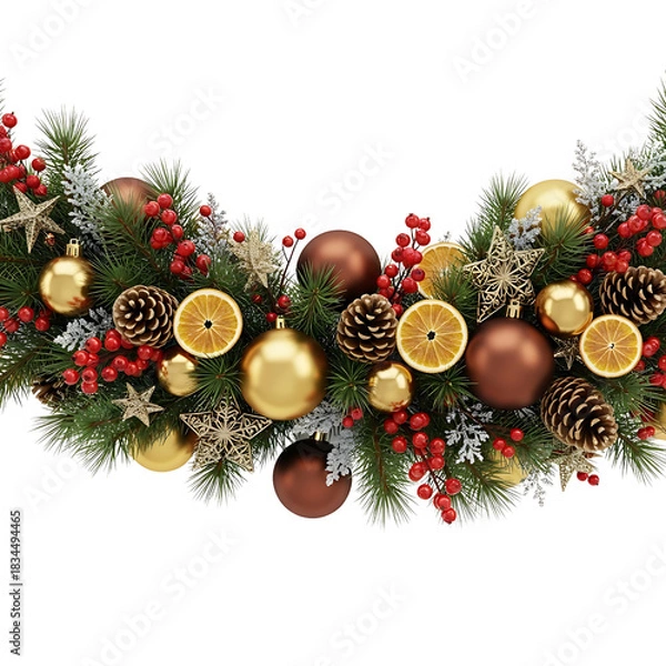 Fototapeta Festive Christmas Decoration with Baubles Berries Pine Cones and Orange Slices