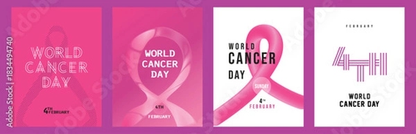 Obraz World Cancer Day Pink Ribbon Poster Set – Minimal Awareness Graphics for Merch, Blogs & Advocacy (4th February)