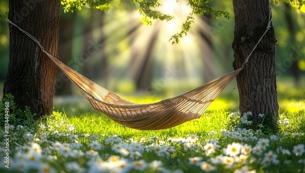 Obraz Relaxing hammock strung between trees in a sun-drenched meadow, surrounded by blooming daisies