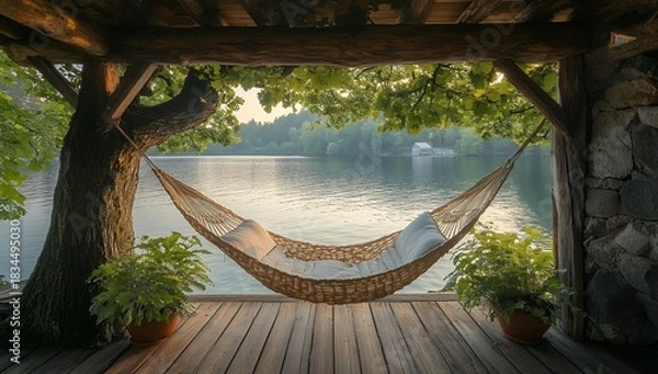 Obraz Serene lakeside hammock scene offers peaceful relaxation under a tranquil tree canopy, perfect for a summer getaway