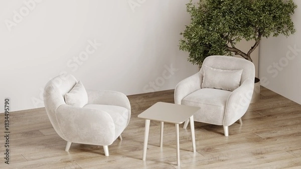 Fototapeta Pastel light color - interior lounge accent. Neutral elegant panton color of the year 2026 cloud dancer of walls and furniture armchairs.  Living modern stylish room interior mockup design. 3d render