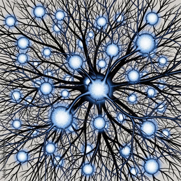 Obraz Visualisation microscopique d’un réseau neuronal complexe en bleu et noir